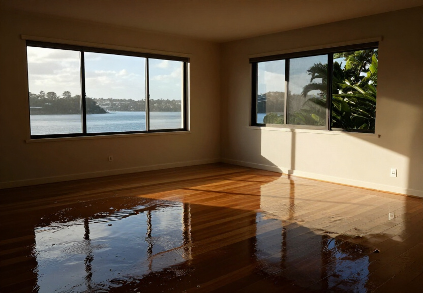Flood-damaged living room in Greenhills Beach before restoration